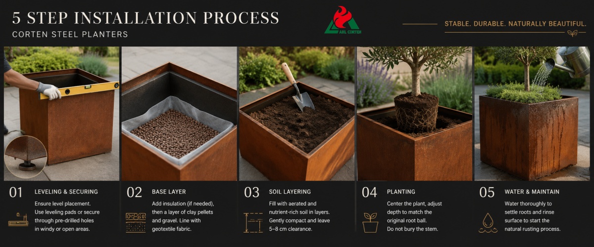 5 Step Standardized Installation Process for Corten Steel Planters